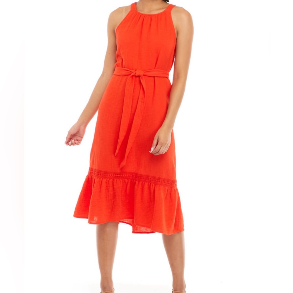 AGB Red Belted Midi Halter Dress Size L - NEW